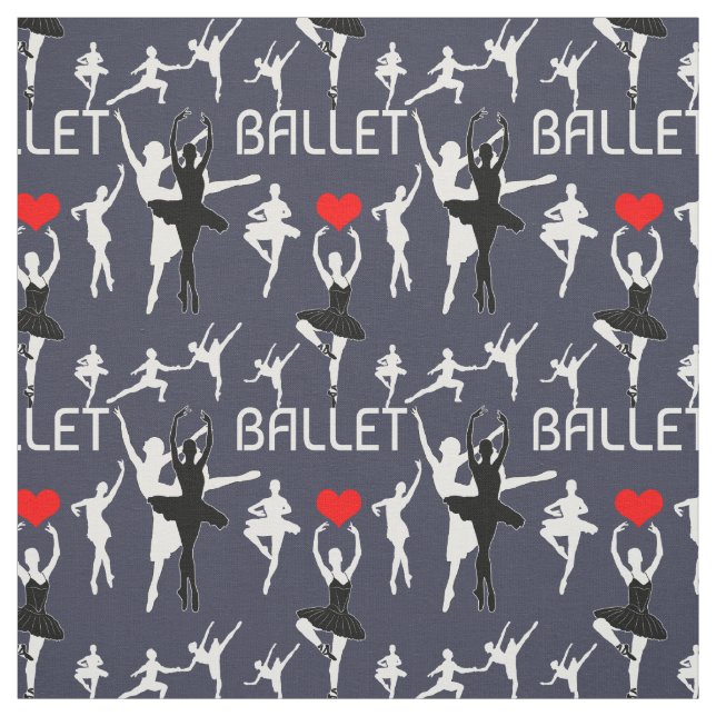 I Love Ballet Pattern. White Ballet Dancers Fabric (Swatch)