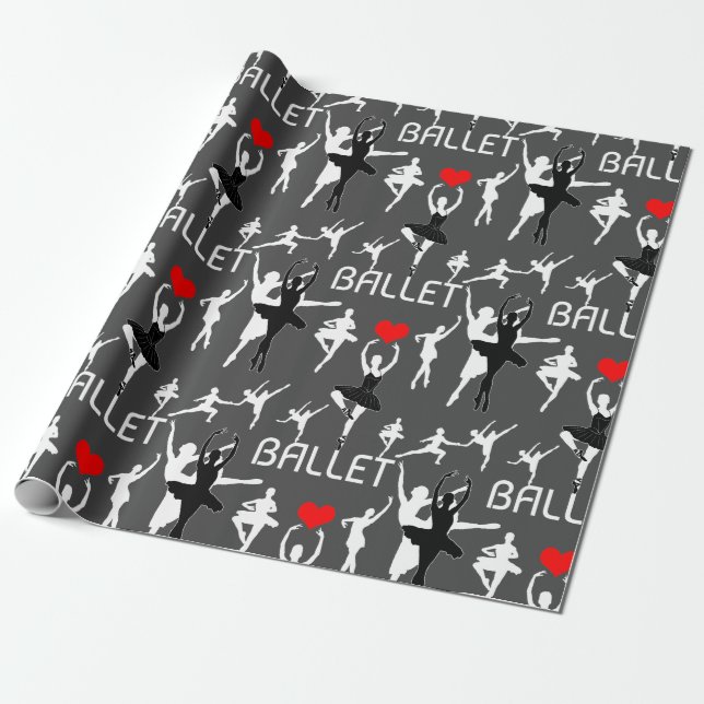 I Love Ballet Pattern. White Ballet Dancers Wrapping Paper (Unrolled)