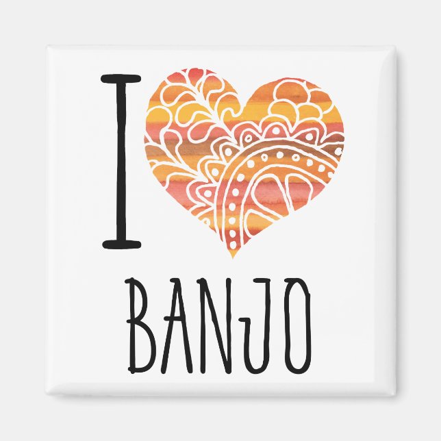 I Love Banjo Orange Mandala Heart Magnet (Front)