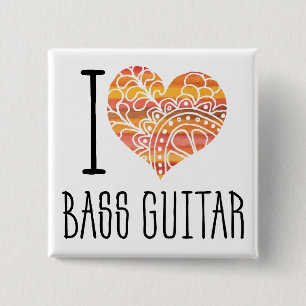 I Love Bass Guitar Orange Mandala Heart 2 Inch Square Button