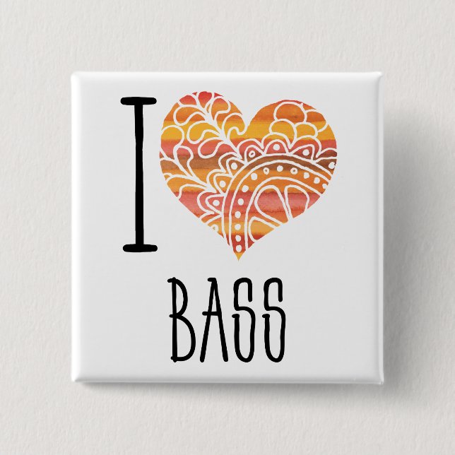 I Love Bass Orange Mandala Heart 2 Inch Square Button (Front)