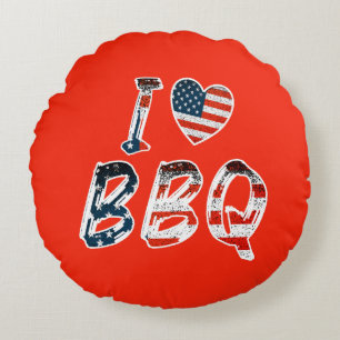 I Love BBQ, American Patriotic Round Pillow