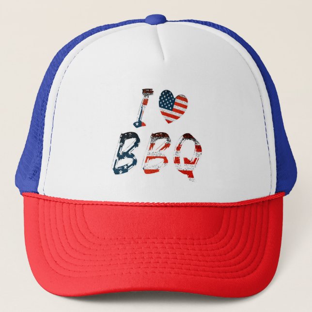 I Love BBQ, American Patriotic Trucker Hat (Front)