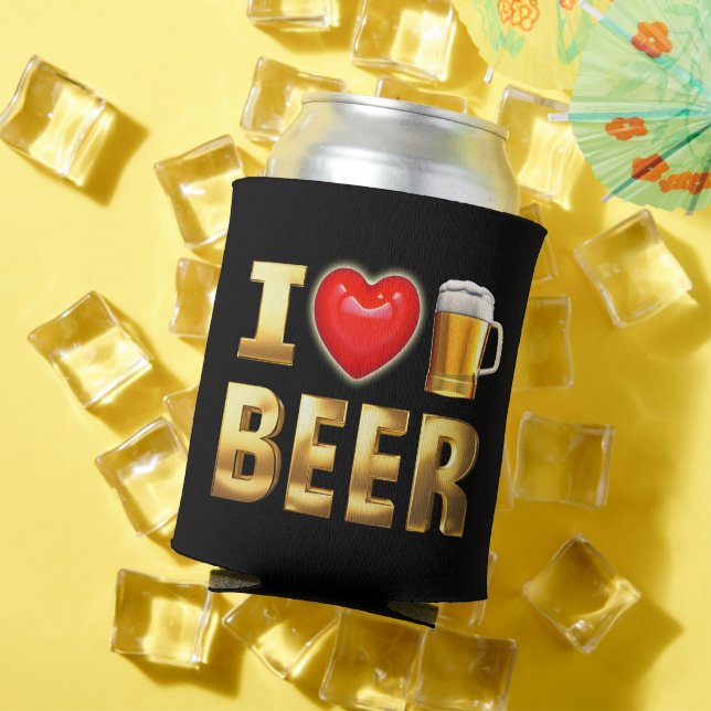 I LOVE BEER - GOLD 3D TEXT  CAN COOLER (In Situ Summer)