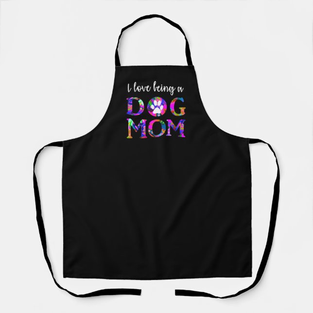 I love being a "Dog Mom" Pink Floral Text Black Apron (Front)
