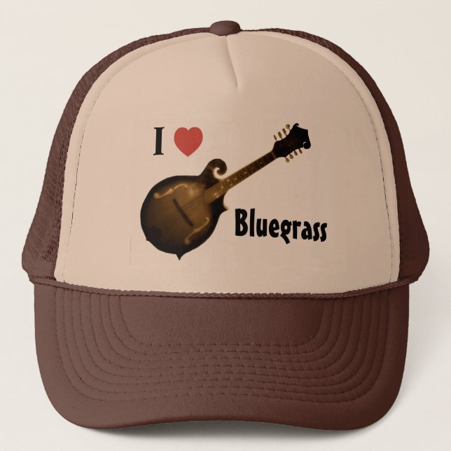 "I Love Bluegrass" Trucker Hat adjustable (TAN and (Front)