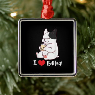 I Love Boba Bubble Tea Dog Cut French Bulldog Gift Metal Ornament