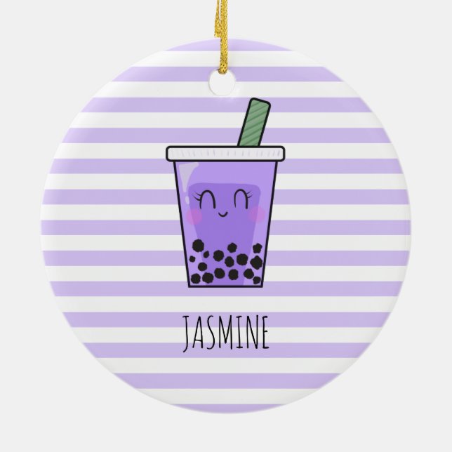 I Love Boba Kawaii Bubble Tea Taro Ube Purple Ceramic Ornament (Back)
