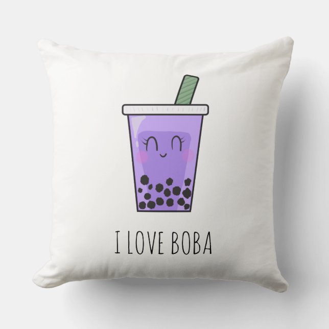 I Love Boba Kawaii Bubble Tea Taro Ube Purple Throw Pillow (Front)