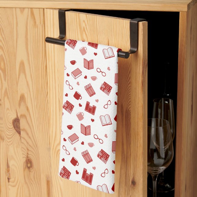 I love books and reading cute red pattern kitchen towel (Thirds Fold)