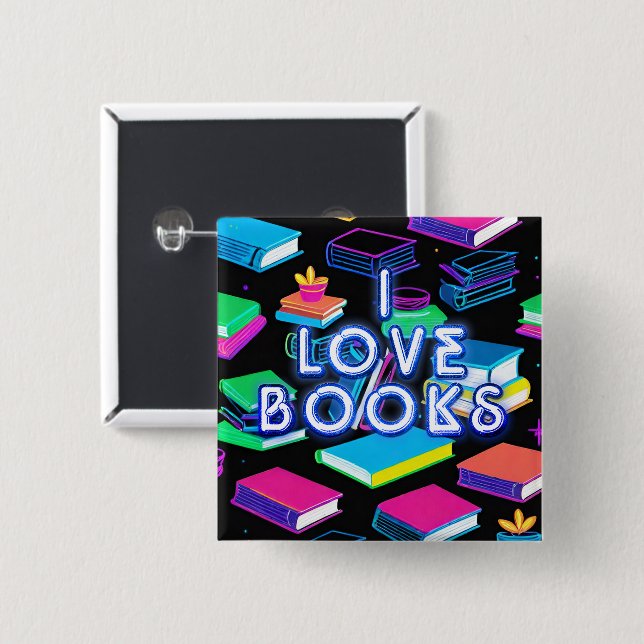 I Love Books Colourful 2 Inch Square Button (Front & Back)