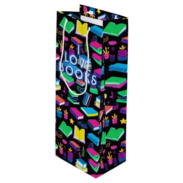 I Love Books Colourful  Wine Gift Bag (Front Angled)