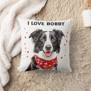 I Love Border Collie with Red Heart Bandana Throw Pillow
