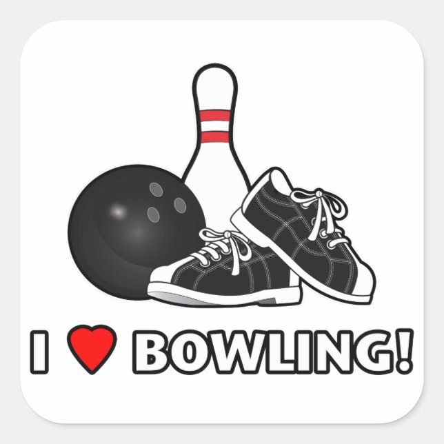 I Love Bowling with Ball, Shoes and Pin Square Sticker (Front)