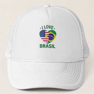 I Love Brasil USA Flag Heart  Trucker Hat