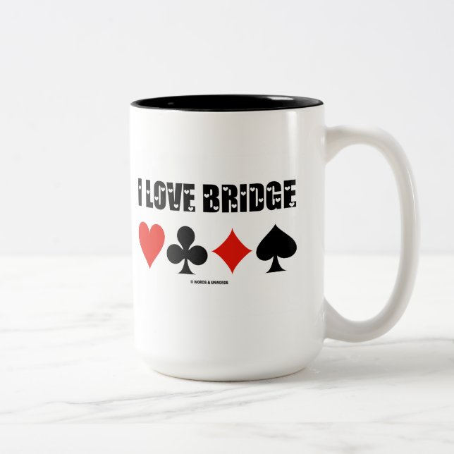I Love Bridge (Four Card Suits) Two-Tone Coffee Mug (Right)