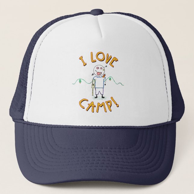 I Love Camp - Funny Kids Summer Camp Drawing Trucker Hat (Front)