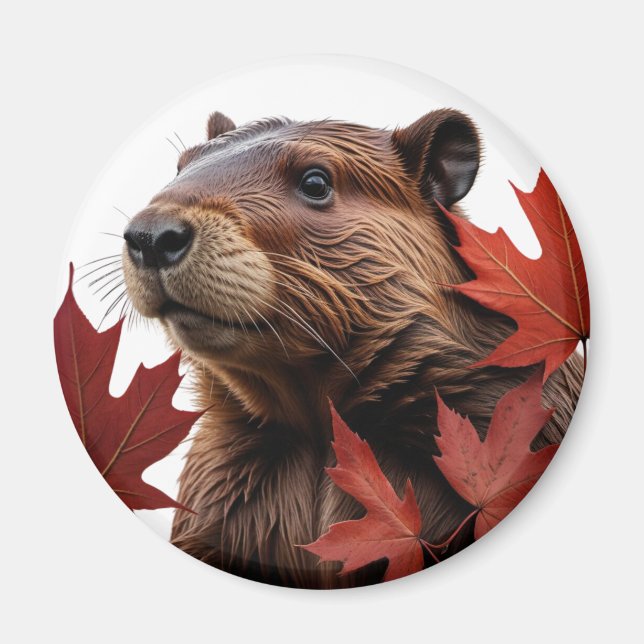 I Love Canada - Canadian Beaver with Leaf Magnet (Front)