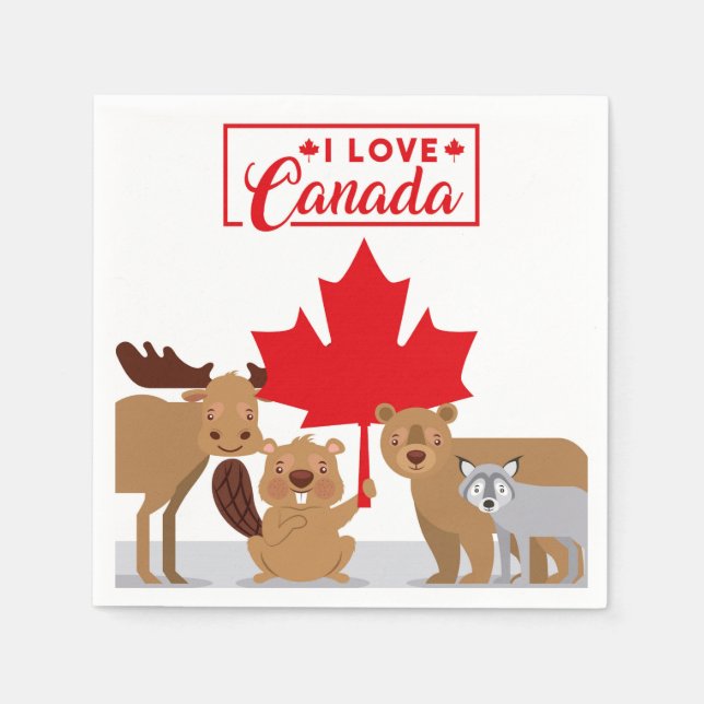 I Love Canada Moose Beaver Bear Wolf | Canada Day Napkin (Front)
