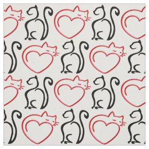 I Love Cats! (Black and Red Outlines on White) Fabric