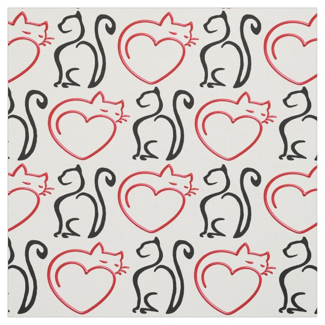 I Love Cats! (Black and Red Outlines on White) Fabric (Swatch)