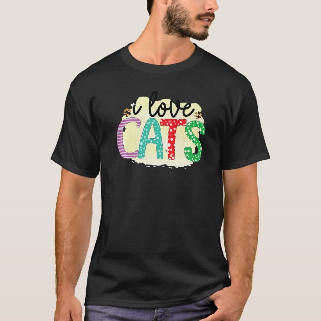 I Love Cats Graphic Patchwork Cat T-Shirt (Front)