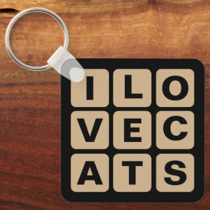 I Love Cats Tan and Black Letter Blocks Button Keychain