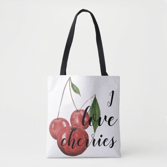 I Love Cherries Watercolor Hand-painted Monogram Tote Bag (Front)