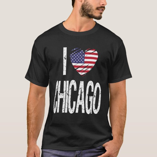 I Love Chicago With American Flag T-Shirt (Front)