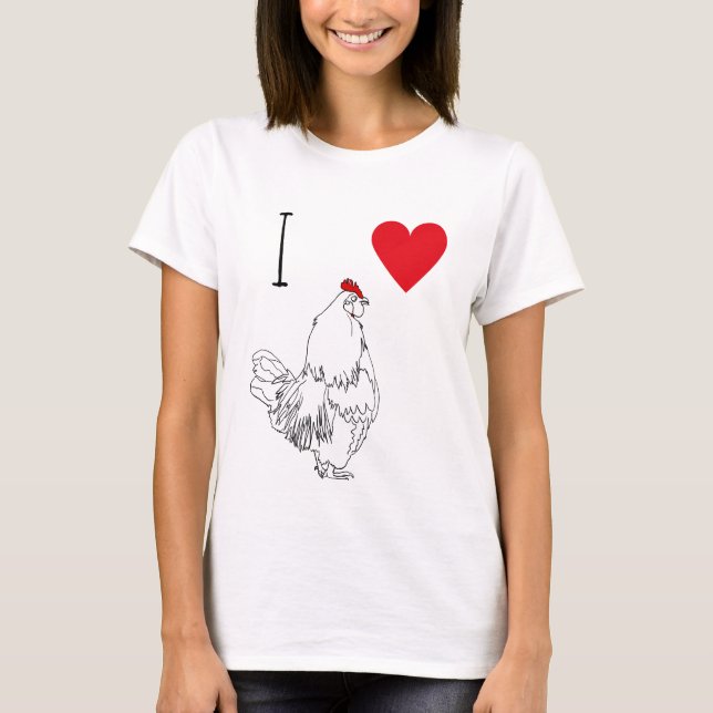 I Love Chickens Red Heart & Cute Cockerel Drawing T-Shirt (Front)