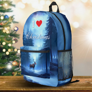 I Love Christmas Blue Winter Reindeer Printed Backpack