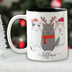 I Love Christmas Cats Personalize with Name Two-Tone Coffee Mug