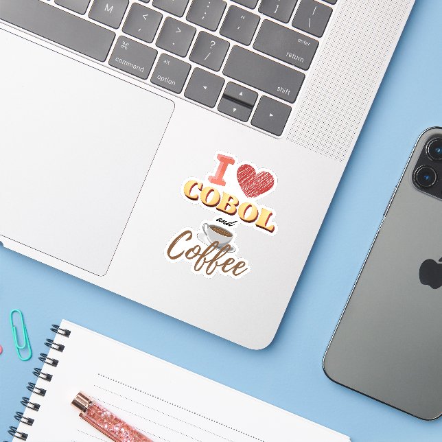 I Love Cobol Programming and Coffee Sticker (Laptop w/ iPhone)
