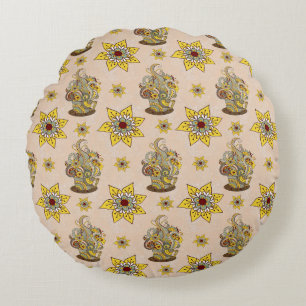 I love Coffee and Yellow flowers Round Pillow