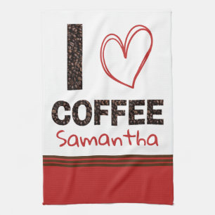 I Love Coffee Cafe Heart Name Brown Red Modern Kitchen Towel