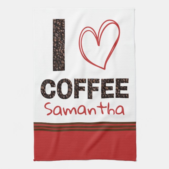 I Love Coffee Cafe Heart Name Brown Red Modern Kitchen Towel (Vertical)