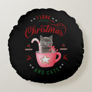i love Coffee Christmas and Cats Joyful Greetings Round Pillow
