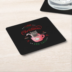 i love Coffee Christmas and Cats Joyful Greetings Square Paper Coaster