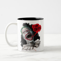 I Love Coffee Crazy Laughing Zombie Clown Two-Tone Coffee Mug