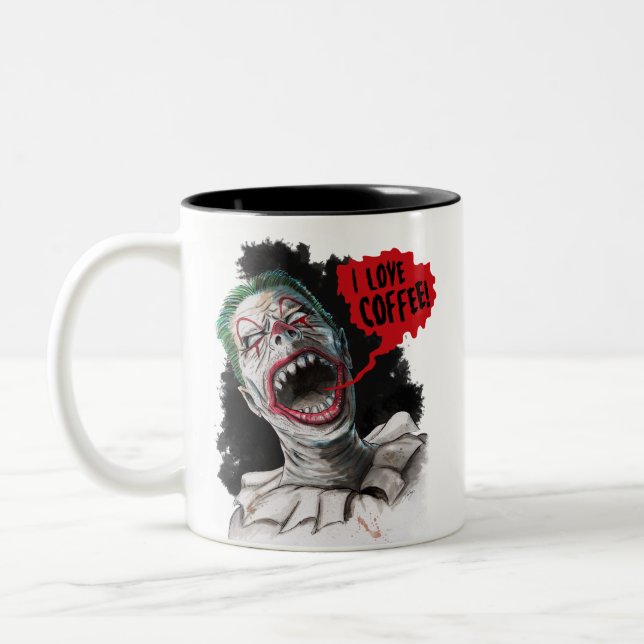I Love Coffee Crazy Laughing Zombie Clown Two-Tone Coffee Mug (Left)