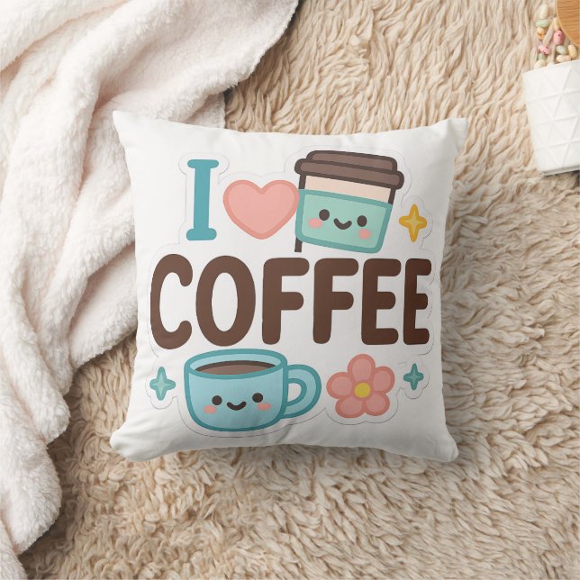 I Love Coffee Cute Kawaii Sticker – Adorable Coffe Throw Pillow (Blanket)