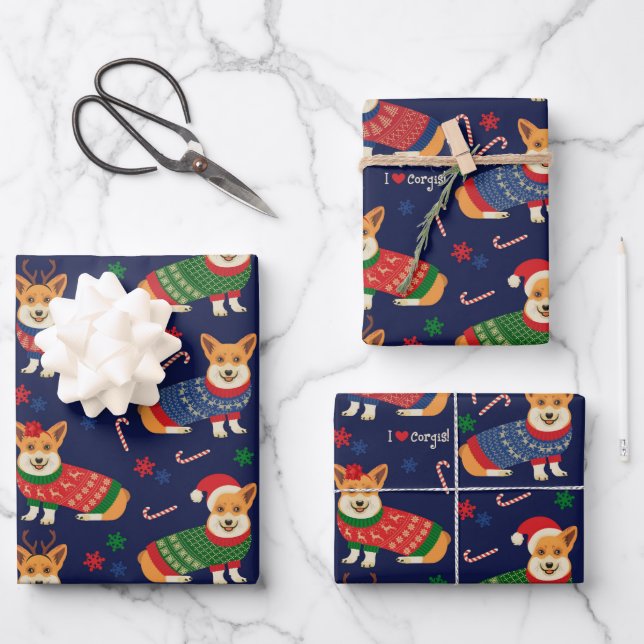 I Love Corgis Christmas Sweater Wrapping Paper Sheet (Front)