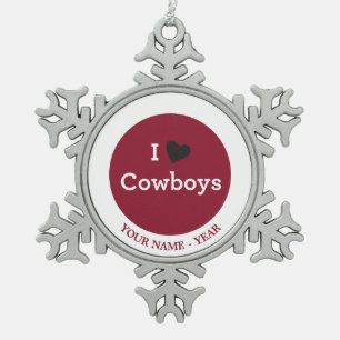 I Love Cowboys Snowflake Pewter Christmas Ornament