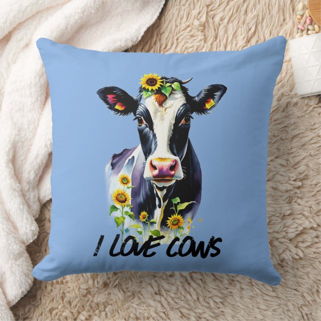 I Love Cows Sunflowers Farm Country Throw Pillow (Blanket)