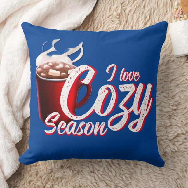 I Love Cozy Season Blue Throw Pillow (Blanket)