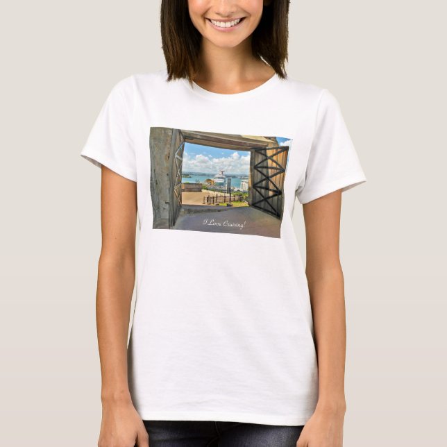 "I Love Cruising", Doors Open-Harbour View of Ship T-Shirt (Front)