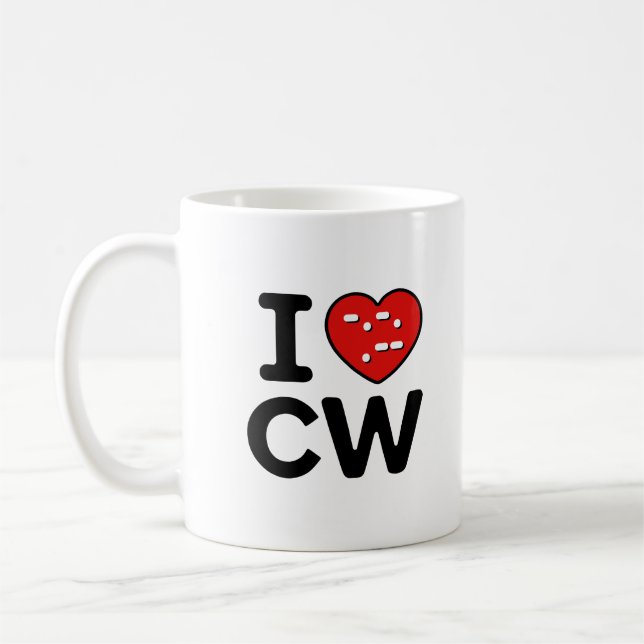 I Love CW – Morse Code Enthusiast Coffee Mug (Left)