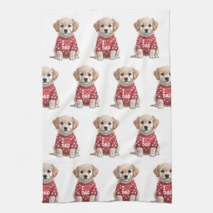 I Love Dad Cute Puppy Dog with Paw Prints Kitchen Towel