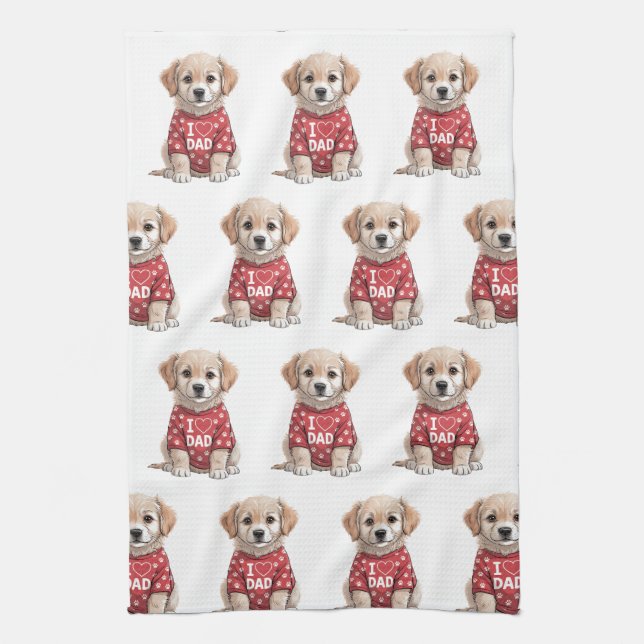 I Love Dad Cute Puppy Dog with Paw Prints Kitchen Towel (Vertical)