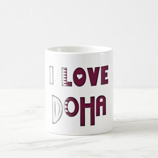 I Love Doha Flag of Qatar Typography Souvenir Coffee Mug (Center)